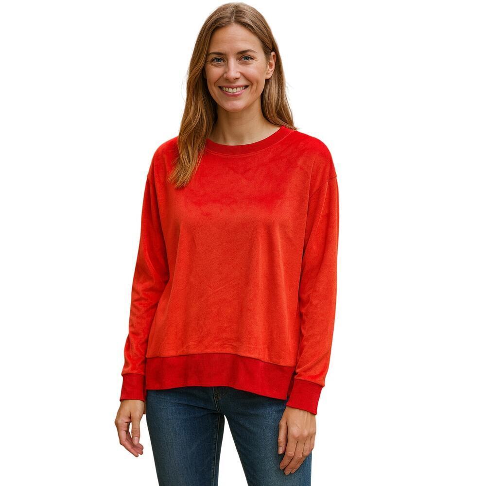 NWT sz S red velour mixed media trim holiday minimalist Christmas sweater soft